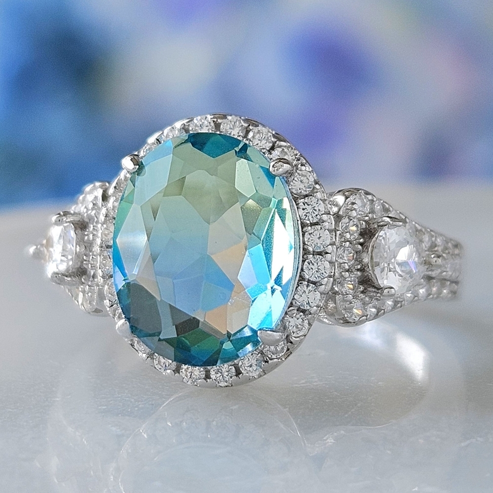 Blue & Teal Aquamarine Oval Cushion cut Gemstone ring, 925 Sterling Silv…
